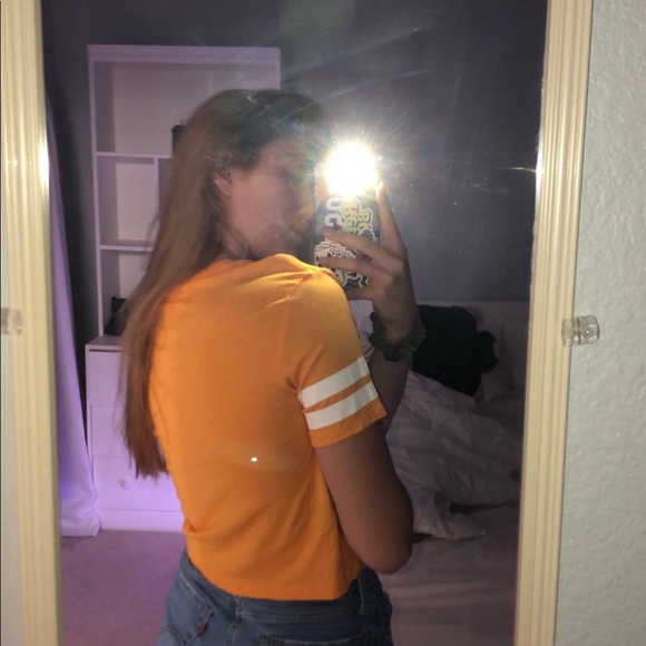 yellow t-shirt with white stripes on the sleeves - Picture 3 of 3